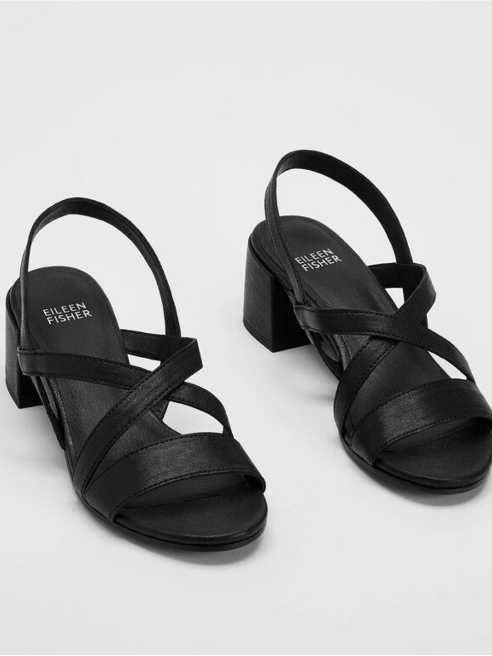 Eileen Fisher Black Leather Crisscross Slingback Block Heel Sandals